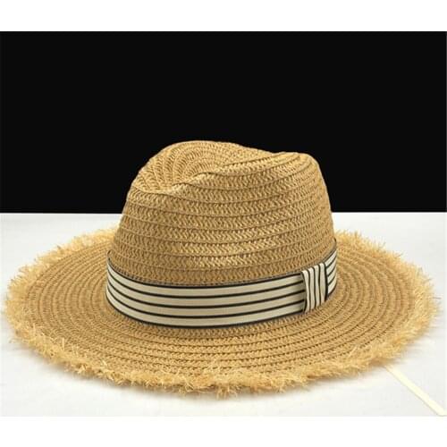 2019 simple girls Raffia Sun Hats For Women stripe Ribbon Lace Up Large Brim Straw Hat Outdoor Beach Summer Caps Chapeu Feminino
