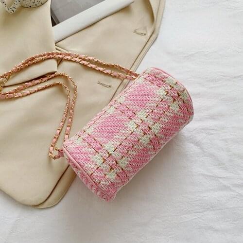 Elegant Women Plaid Small Crossbody Bags Contrast Color Ladies Bucket Shoulder Bags Metal Chain Female Clutch Purse Handbags