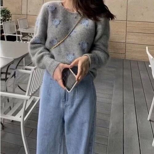 Women 2021 Sweet Fashion Heavy Industry Hand Embroidery Sweater Vintage O Neck Lantern Sleeve Female Pullovers Chic Tops