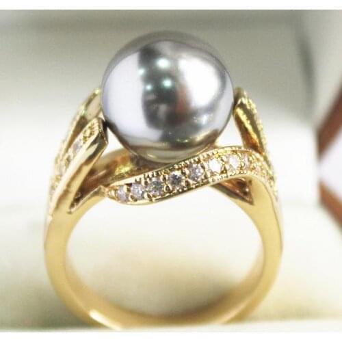Ladys new jewelry 18KGP with crystal decorated &12mm gray shell pearl ring(#7.8.9)