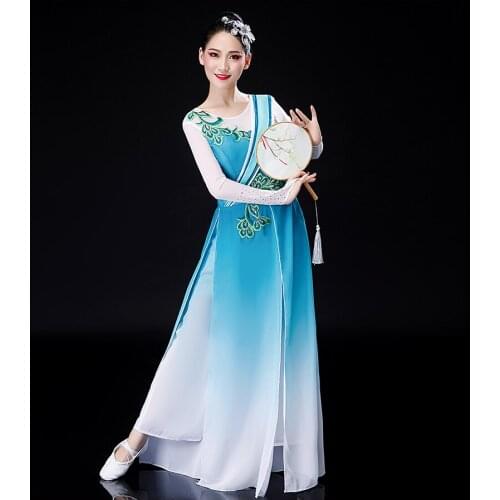 2021 Sky blue Classical performance female elegant solo new Chinese style modern fan dance costume Opening Dance Umbrella