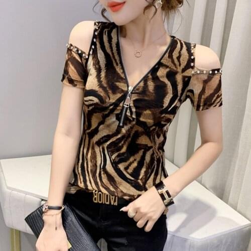 #6127 Summer Leopart T Shirt Women Sexy V Neck With Zipper Short Sleeve Off Shoulder T Shirt For Women Skinny T Shirt For Girl