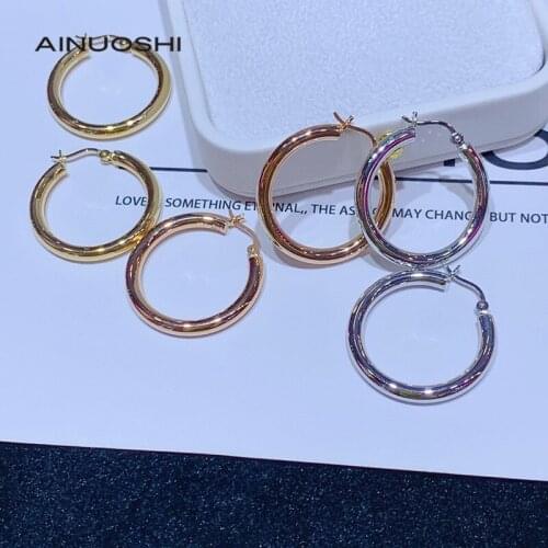 AINUOSHI Handmade 18K Gold Simple Ring Hoop Earrings Popular Jewelry Gift for Women Engagement Gift Diameter 16mm 19mm 26mm
