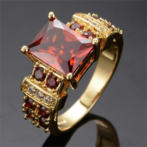 Big Square Red Stone Ring Vintage Fashion Yellow Gold Crystal Zircon Engagement Rings For Women Men Wedding Jewelry Couples Gift