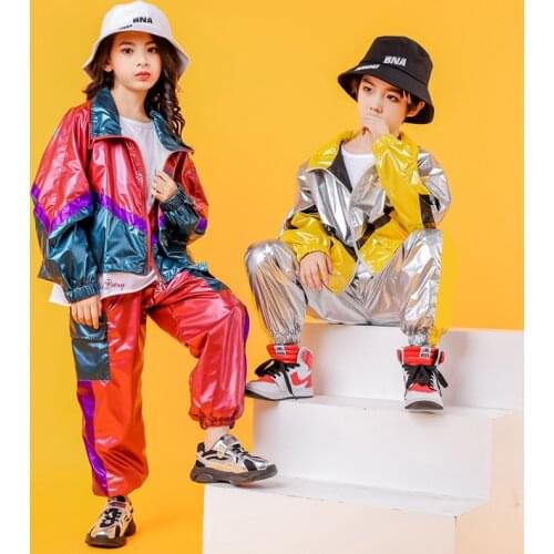 Kids Hip Hop Costume 2 Piece Set Long Sleeve Bright Jacket+Pants Stage Street Dance performance Clothes Boys Girls Outfits 4-18T