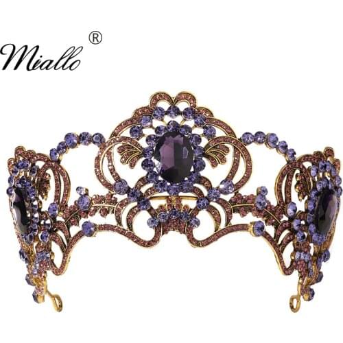 Miallo Purple Crystal Crown Bridal Wedding Hair Jewelry Rhinestone Hair Accessories for Women Party Gold Tiaras and Crowns Gift