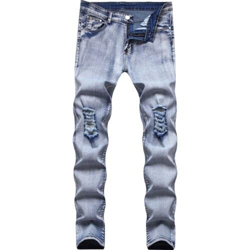 Vintage Blue Skinny Jeans Men Fashion Knee Ripped Hole Distressed Stretch Jeans Man Casual Tassel Denim Pencil Pants Streetwear