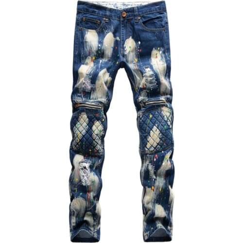 New Beggar splash ink personality jeans mens male brand hole patch street heavy craft fold locomotive handsome pants trousers