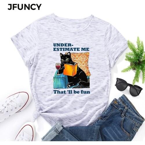 JFUNCY Plus Size Women T-shirt Female Short Sleeve T Shirt Cute Cat Print Woman Tops Summer Loose Shirts 100% Cotton Clothes