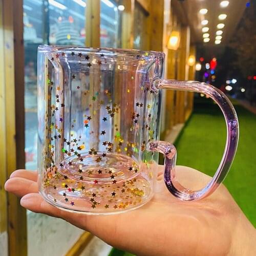 Korean Kawaii Star Cup Girl Sequin Heart Double Glass Coffee Cup With Heat-resistant Handle Transparent Juice Cup Wine Glasses