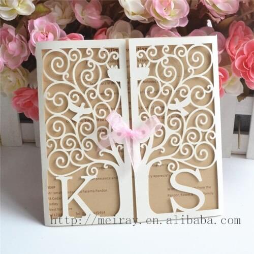 Laser cut tree wedding invitations red blue ivory white personalized laser cut blue tree wedding invitation