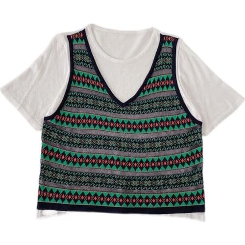 Summer new style Korean of color matching retro striped thin section fake two-piece knit short sleeve t-shirt