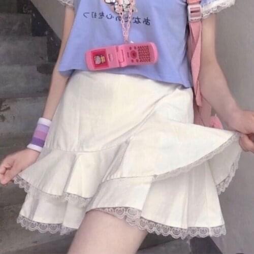Japanese preppy style cute lace skirt Woman y2k Harajuku high waist solid ruffled mini skirt summer Japanese sweet pleated skirt