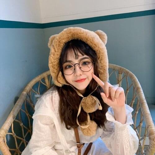 H7759 Girl Cute Cartoon Plush Bomber Hat Women Winter Bear Ear Hair Ball Thickened Warm Cap Student Ear Protection Thermal Hats