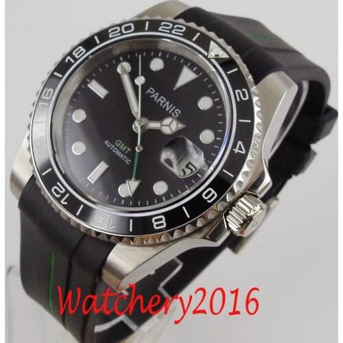 40mm parnis black dial ceramic bezel sapphire glass GMT date automatic movement mens watch