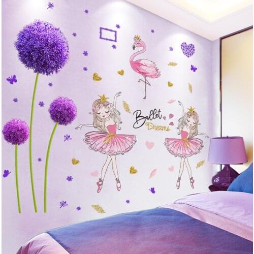 [shijuekongjian] Dandelion Flowers Plant Wall Stickers DIY Girl Flamingo Wall Decals for Kids Room Baby Bedroom House Decoration