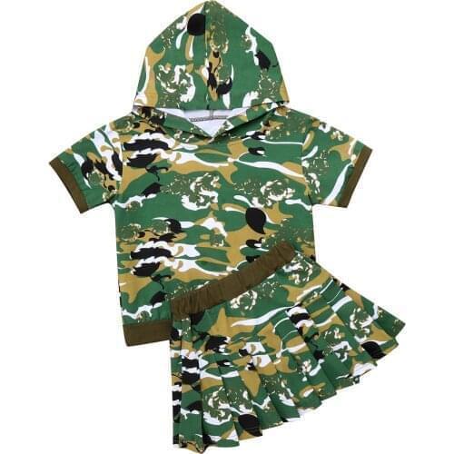 Oyolan Kids Girls Hooded T-shirt Top & Skater Skirt Camouflage Fashion Summer Casual Outfit Sets Teen Children Clothing 5-14 Yr