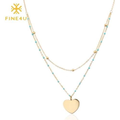 FINE4U N211 Gold Color Heart Pendants Necklace For Women Double Layer Stainless Steel Chain Rosary Beads Necklace Wholesale