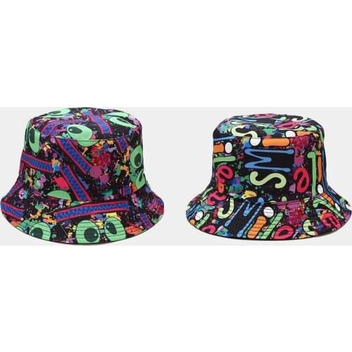 Womens Summer Bucket Hat Mens Cap Color Graffiti Basin Hat Hip-Hop Double-sided Printing Sunshade Hat Cap For Boy Fashion