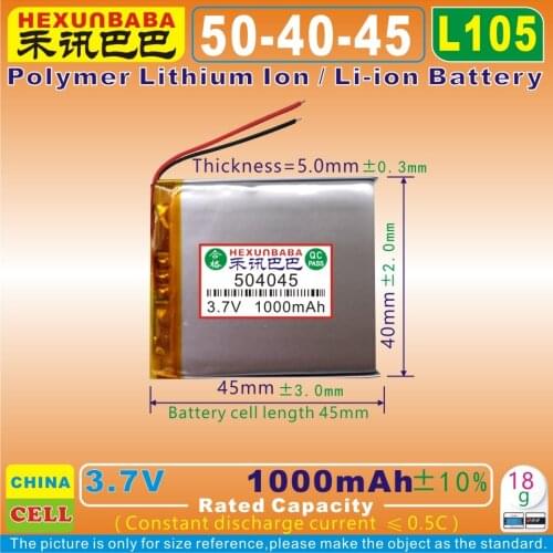 2pcs [L105] 3.7V 1000mAh [504045] Rechargeable Polymer lithium ion / Li-ion battery for GPS;MP5;MP3;MP4;RECORD PEN