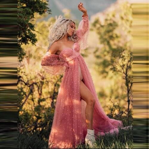 Sexy Pearls Tulle Robes Strapless Sweetheart Front Split Women Materntiy Pink Tulle Dresses For Photo Shoot