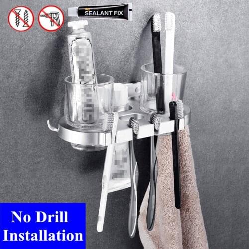 Bathroom Toothbrush Two Cup Rack with Hooks Aluminum Free Punch Nail Glue Shower Holder Bath Towel Hanger Shelf etagere mural