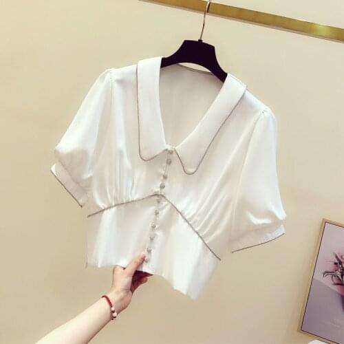 Vintage Sweet Style Chiffon Women Shirts Summer New Design 2021 Lantern Sleeved Button Short Empired Elegant Office Lady Tops