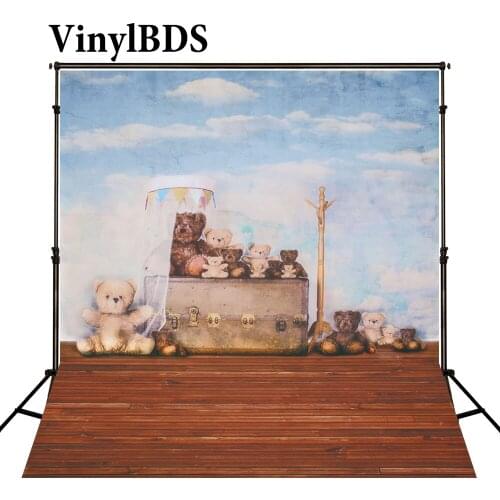 VinylBDS 5X7FT Children Blue Sky Backdrop Old Wooden Floor Background Baby Cartoon Toy Bear Backdrops for Newborn Photo Studio