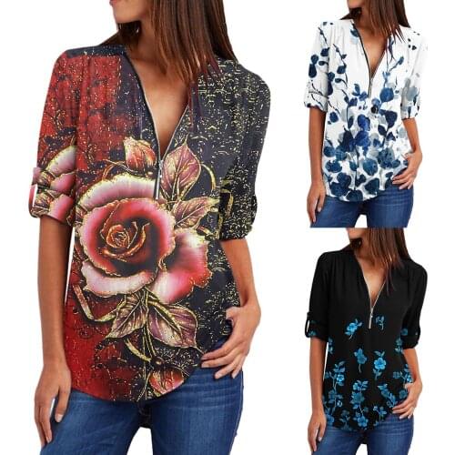 Women Long Sleeve Loose Deep V-neck Zipper T-Shirt Plants Flowers Printing Blouse Top Solid Color All-match Lovely Girls T-shirt