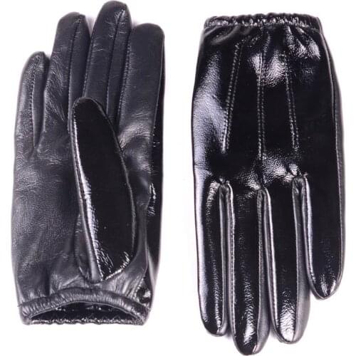 Womens Ladies Shiny Black Real Leather Goat Skin Patent Leather Shrink wrist Tactical Touch Screen Short Gloves