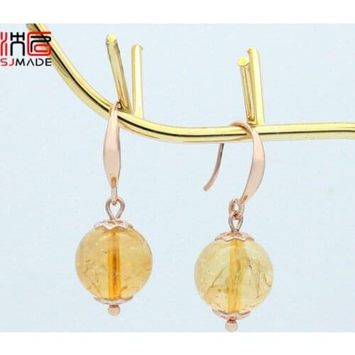 SJMADE Elegant Vintage Round Natural Crystal Stone Dangle Earrings 585 Rose Gold For Women Wedding Engagement Jewelry Fine Gift