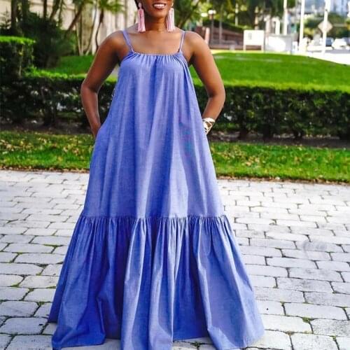 2021 Fashion Long Maxi Dress For Women Blue Solid Spaghetti Strap Sleeveless Casual Loose Floor Length Dress With Pocket