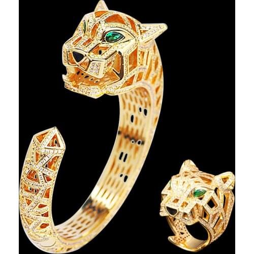 Zlxgirl jewelry Hollow design high-end leopard bracelet ring wedding set perfect full zirconia womens copper bangle ring bijoux