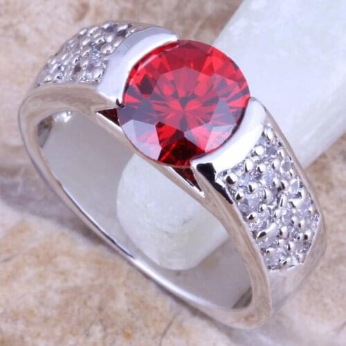 Cheerful Red Garnet White CZ Silver Plated Womens Jewelry Ring Size 6 / 7 / 8 / 9 R1498