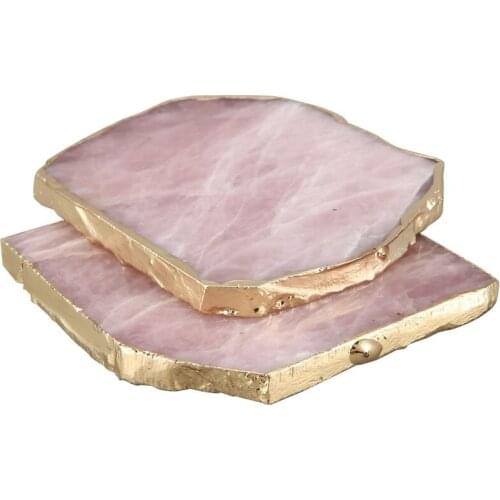 2Pcs Agate Slice Pink Agate Coaster Teacup Tray Decorative Design Stone Coaster Gold Edges Home Decor Gemstone Coaster Natural C