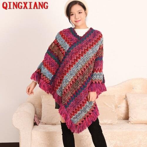 2020 Multicolor V Neck Loose Sweater Autumn Outer Street Cloak Knitted Tassel Poncho Women Striped Batwing Sleeves Pullover