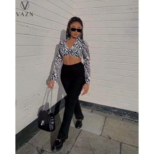 VAZN 2021 INS Classic Black White Short Style Chiffon Shirts Young Sexy Club Full Sleeve Women High Waist Slim Mini Shirts