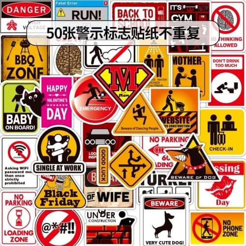 50pcs Remind Hazard Warning Signs Warning Waterproof Hybrid Stickers DIY Scooter Bicycle Mobile Phone Laptop Travel Snowboard Ca