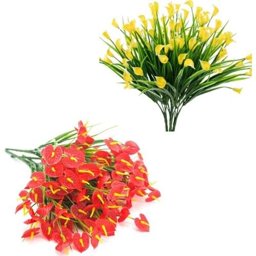 8 Bunches Artificial Flowers Fake Plants Faux Shrubs Plastic Greenery Hanging Planter Decor, 4 Bunches Yellow Calla Lily & 4 Bun
