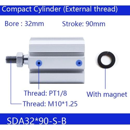 Free Shipping SDA32*90-B 32mm Bore 90mm Stroke External Thread Compact Dual Action Air Pneumatic Cylinder
