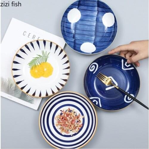 Ceramic Western Steak Plate Cartoon Geometric Pattern Ceramic Dinner Plate Household Fruit Dessert Cooking Plate Kitchen Utensil