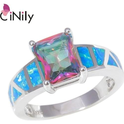 CiNily Created Blue Fire Opal Mystic Zirconia Silver Plated Wholesale For Women Jewelry Engagement Gift Ring Size 6-10 OJ9402