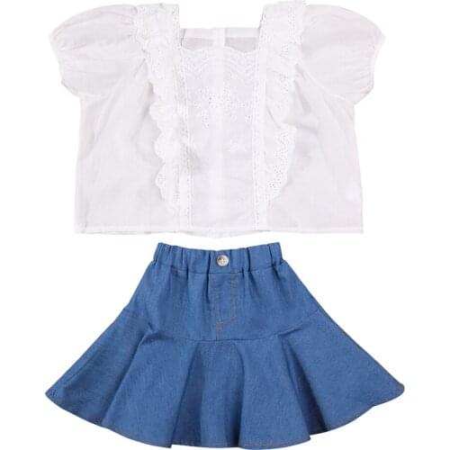 Little Girls Dress Set, Solid Color Short Sleeve Tops and Denim Short Skirt 2 Pcs Suit