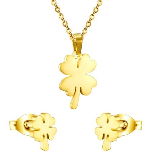 LUXUKISSKIDS Hot Selling Four Leaf Clover Lucky Pendant Necklace Earrings Set Women Accessories For Birthday Gift Gold/ Steel
