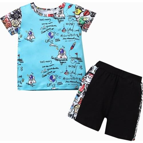 Little Boys Blue Short-Sleeved Shorts Set Cartoon Space Letter Print Round Neck Tops And Short Pants Refreshing And Comfortable