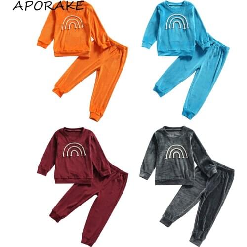 2021 1-6Y Casual Kids Baby Boy Girl Clothing Set Rainbow String Long Sleeve Sweatshirt+Long Pants Spring Fall Golden Velvet 2pcs