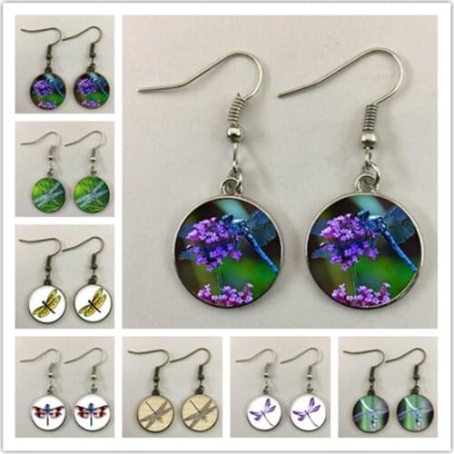 Fashion new dragonfly earrings teardrop earrings earrings glass dome photo jewelry colorful dragonfly ladies earrings