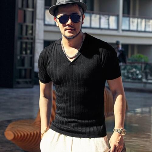 Small Lapel V-neck design vertical texture summer stretch t-shirt mens short sleeve sweater j6031