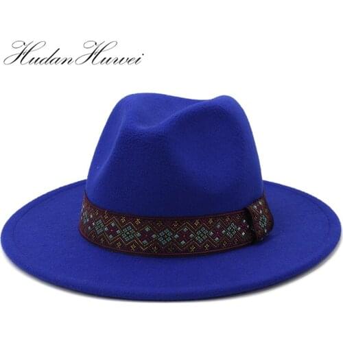 2020 Solid Autumn Winter Wide Belt Men Women Woolen Felt Fedora with Wide Brim Church Elegant Oversized Caps