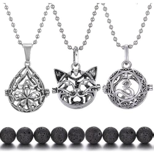 Tree of Life Cat Aromatherapy Necklace Perfume Aroma Diffuser Lava Rock Volcanic Stone Necklace Pendant Locket with 1pcs Stone